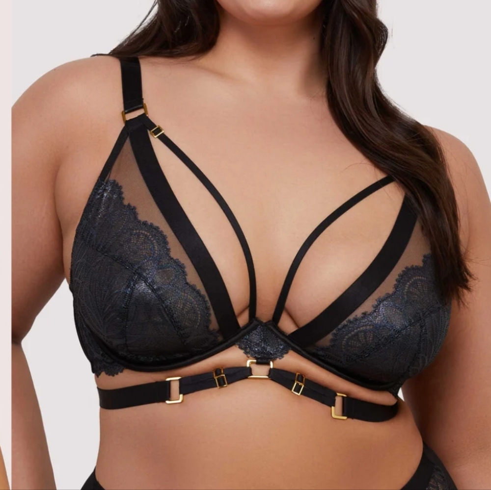 Playful Promises Tabitha Black Wet Look Lace Plunge Bra Bra Size 36E or 36DD